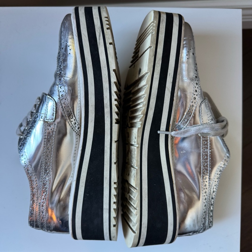 Prada Metallic Silver Leather Platform Brogue Derby Oxfords 23cm Cyberpunk Space - Picture 3 of 11